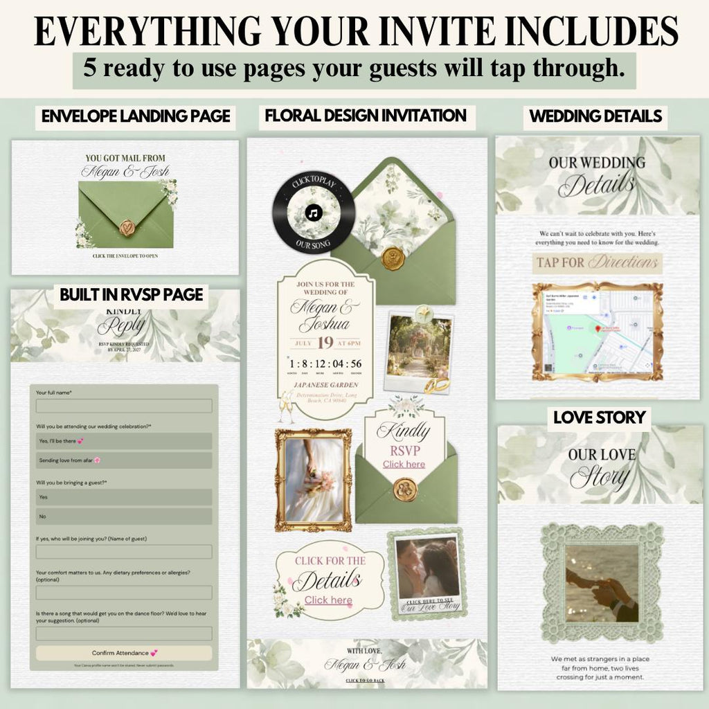 Sage green wedding invite website pages