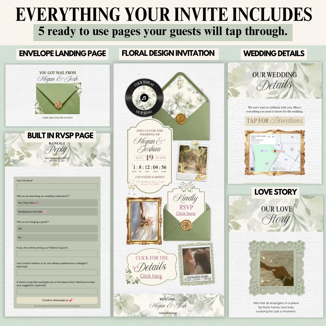 Sage green wedding invite website pages