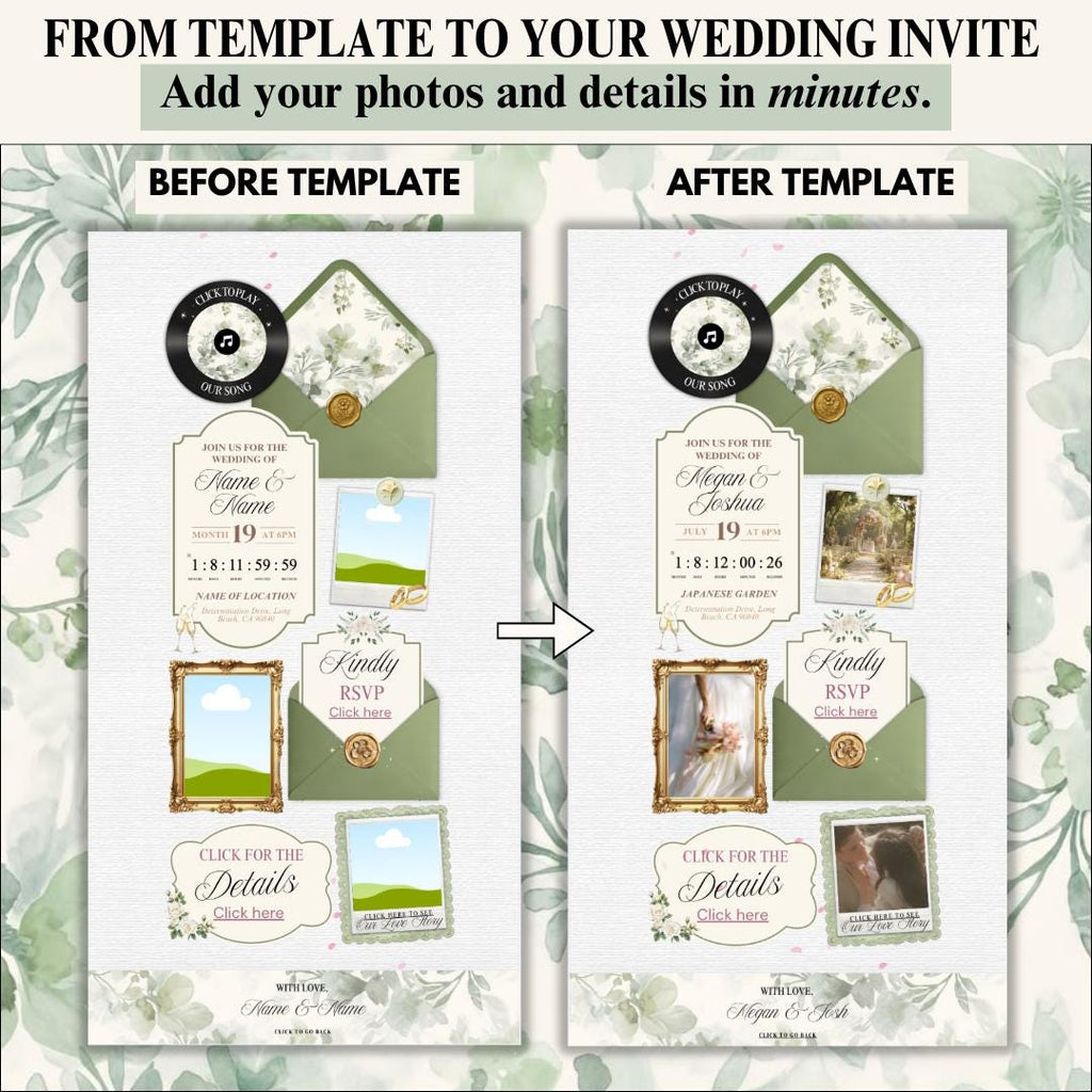 Sage green wedding invite website pages