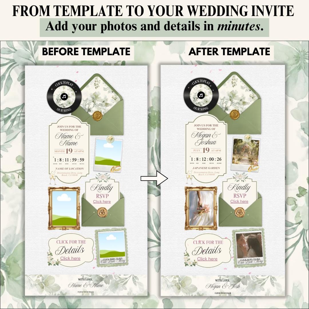 Sage green wedding invite website pages