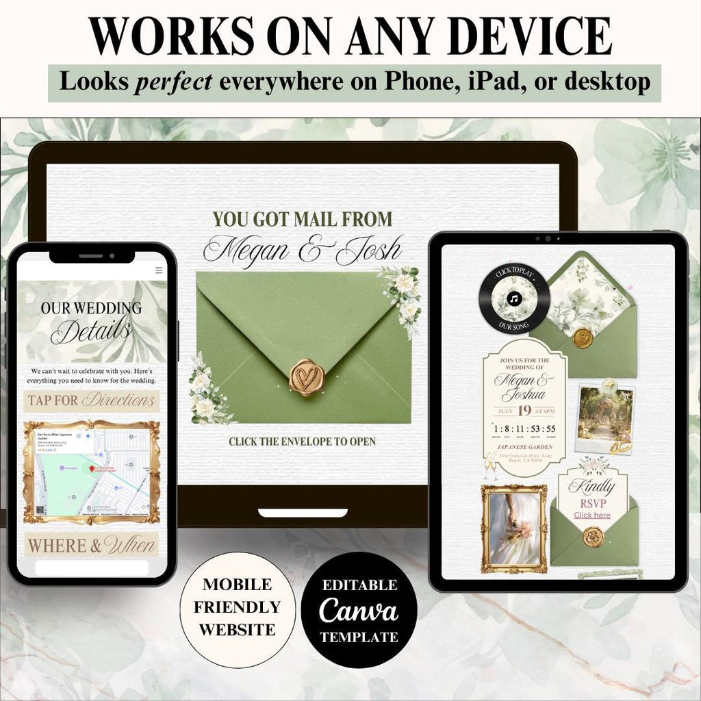Sage green wedding invite website pages