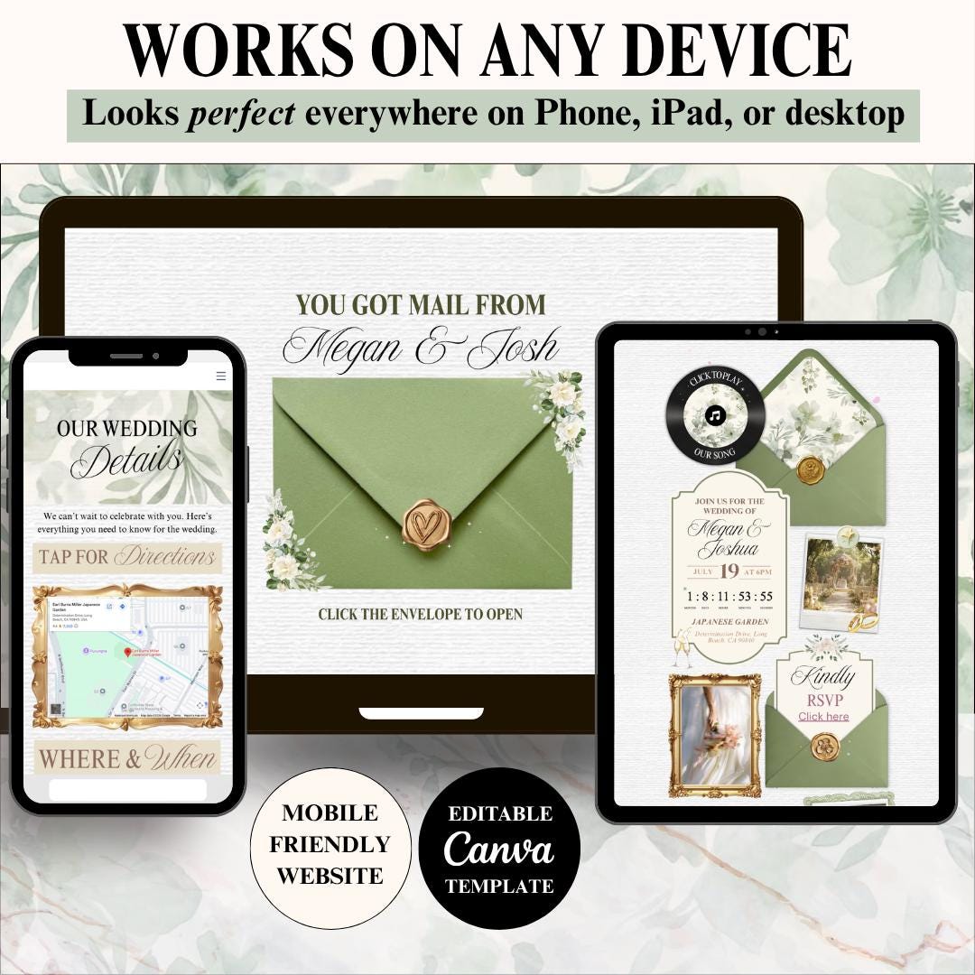 Sage green wedding invite website pages