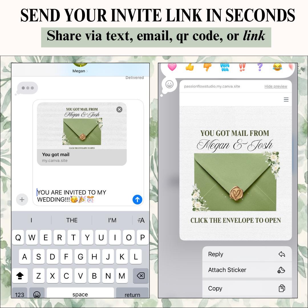 Sage green wedding invite website pages