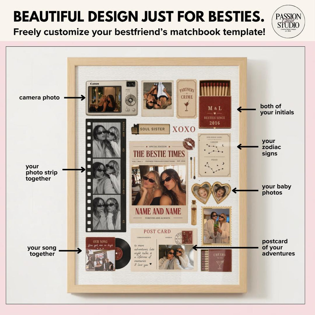 Bestie matchbook details: photo strip, your initials, zodiac signs, baby photos, your song and a postcard of your adventures