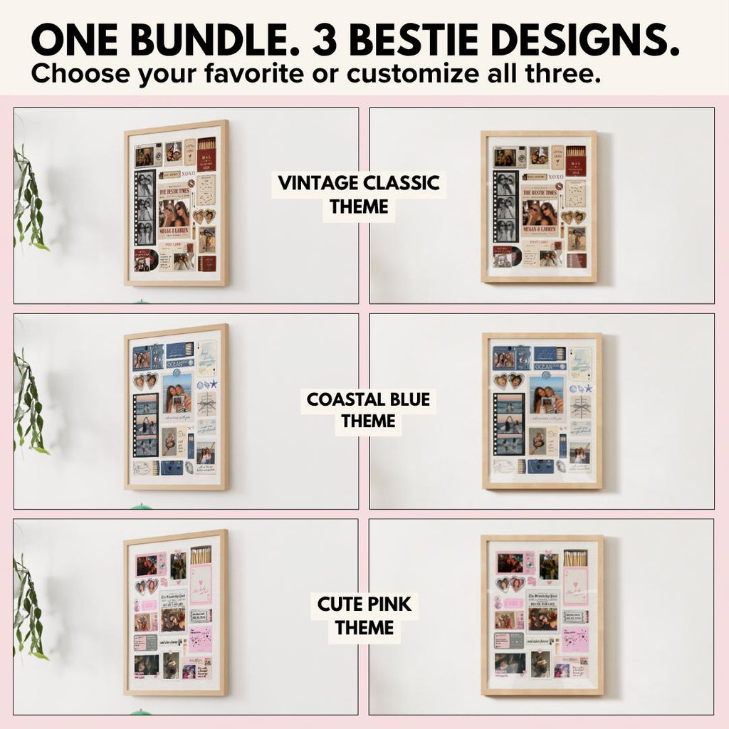 One bundle, 3 bestie designs: Vintage Classic, Coastal Blue and Cute Pink themes