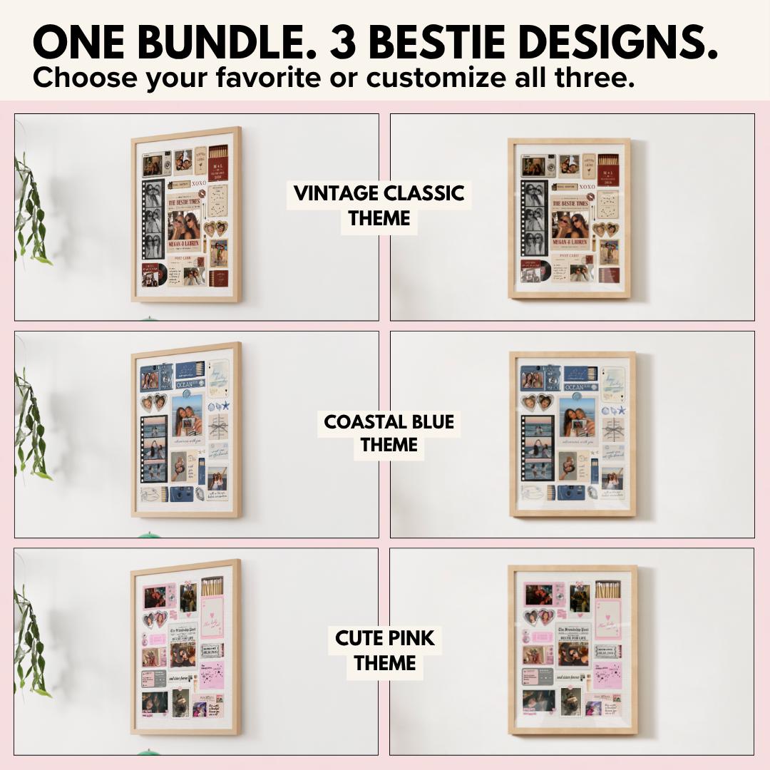 One bundle, 3 bestie designs: Vintage Classic, Coastal Blue and Cute Pink themes