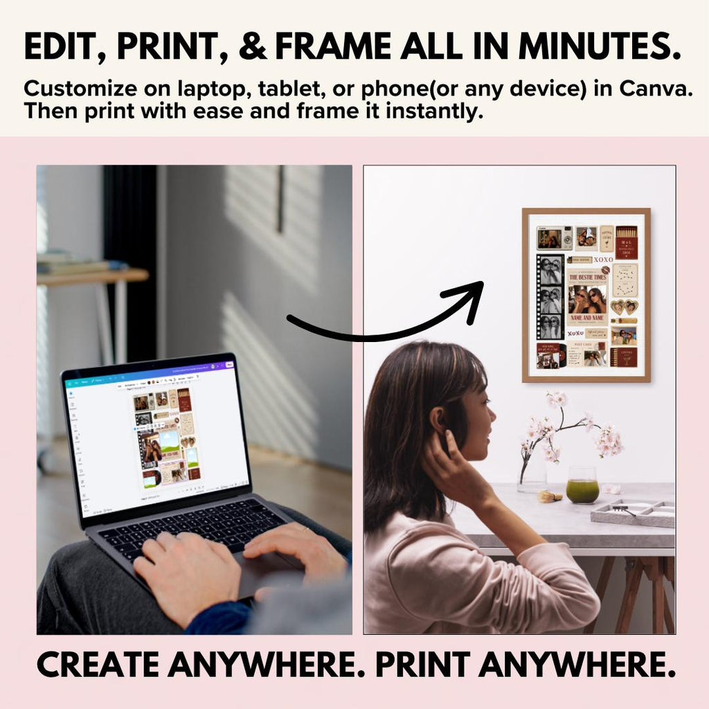 Editing the matchbook in Canva on a laptop, then framing the print