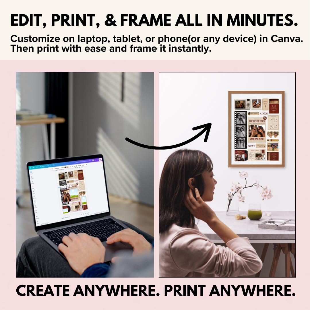 Editing the matchbook in Canva on a laptop, then framing the print