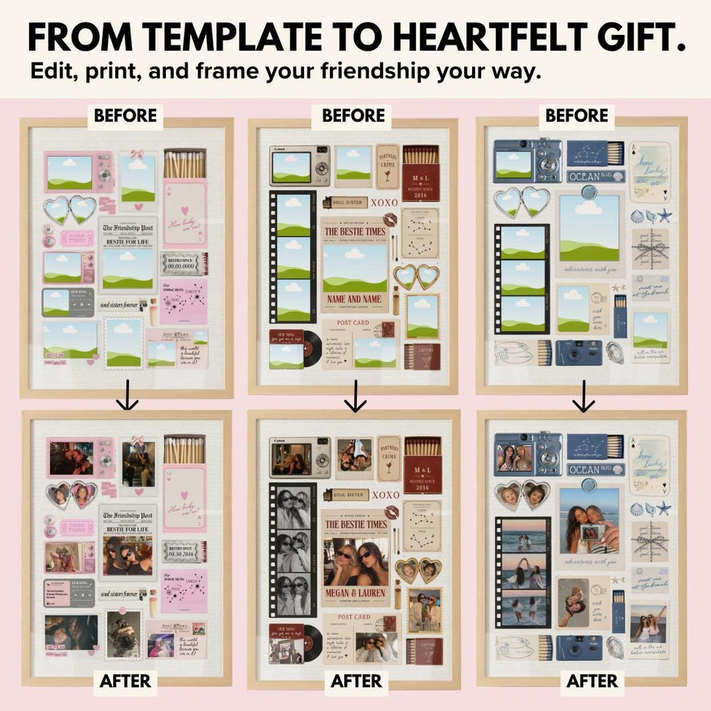 All three bestie matchbook designs before and after adding photos
