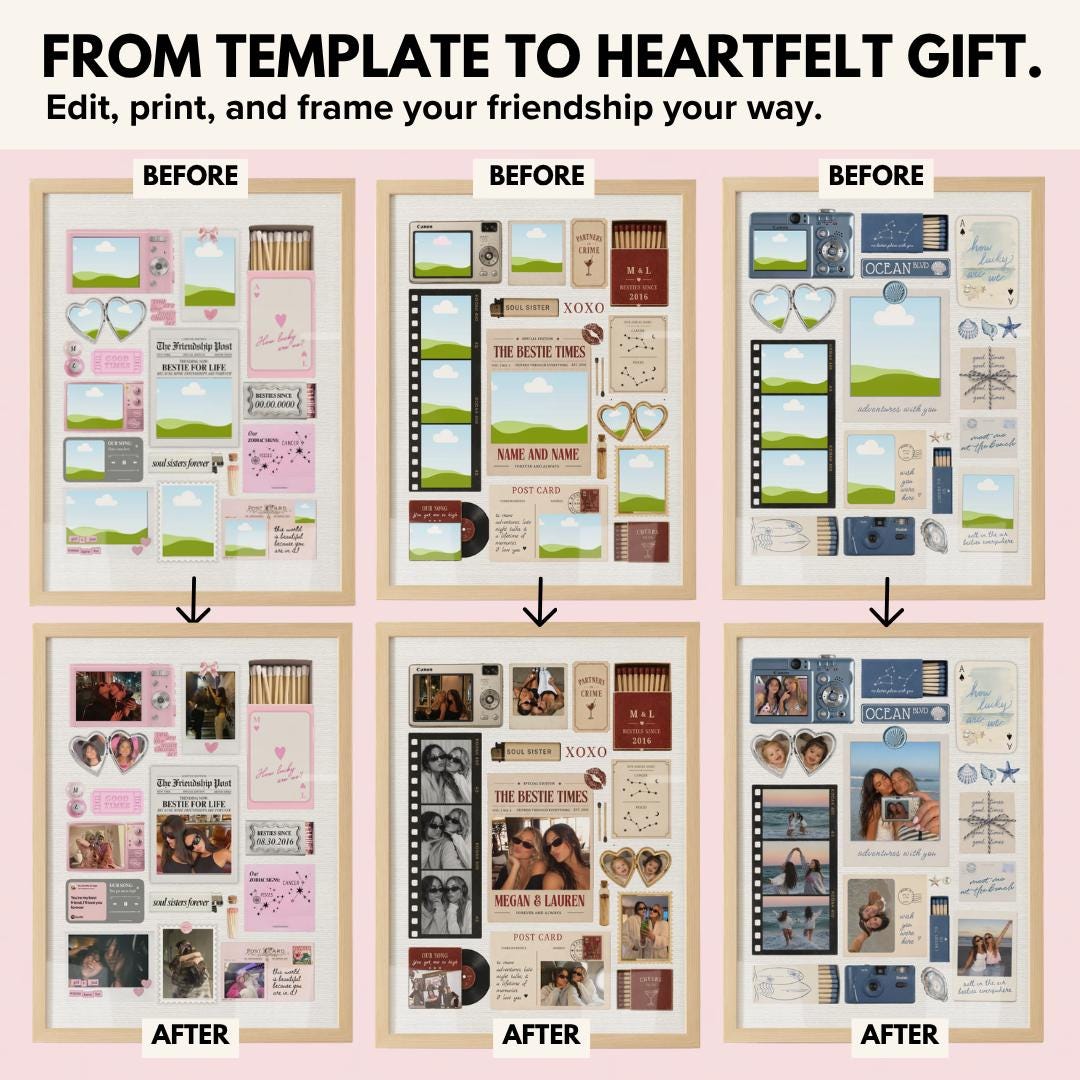 All three bestie matchbook designs before and after adding photos