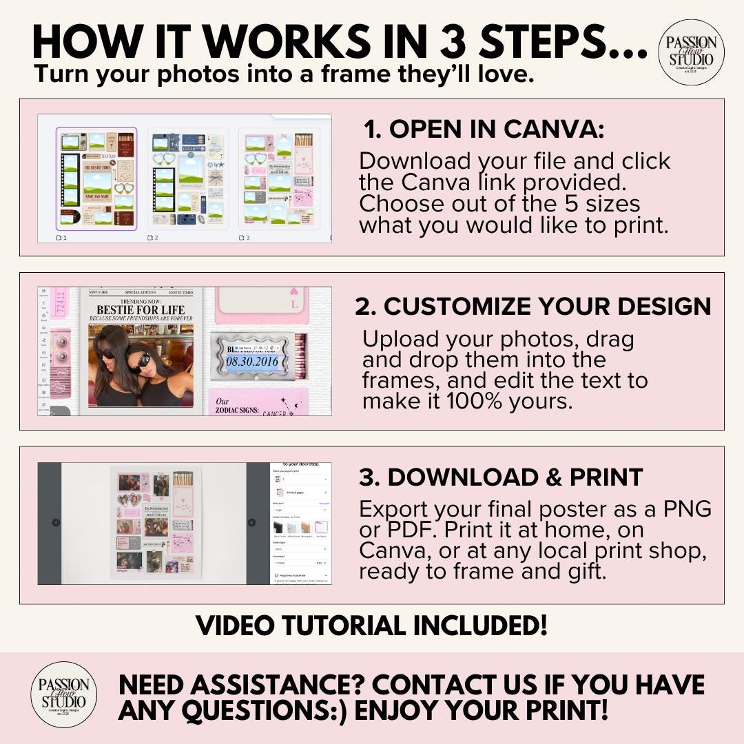 How it works in 3 steps: open in Canva, customize your design, download and print. Video tutorial included