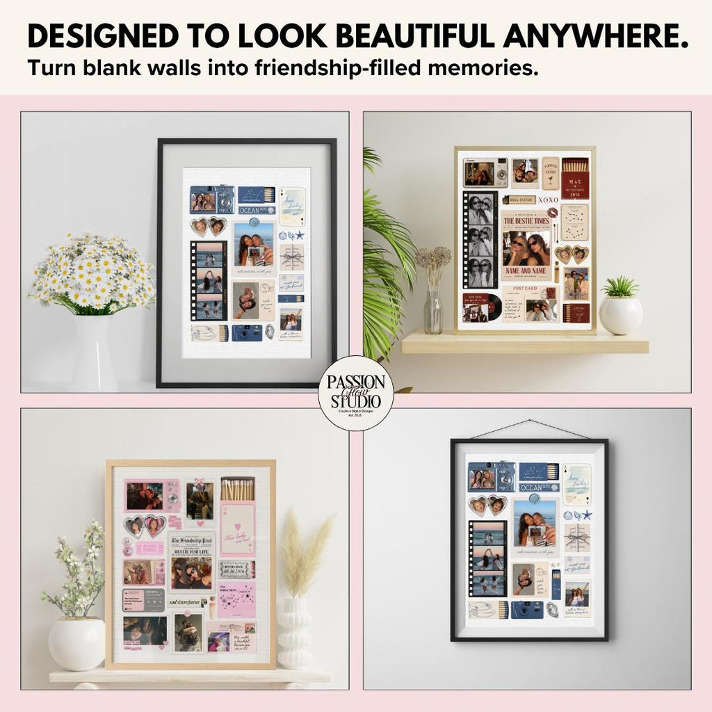 Bestie matchbook posters displayed in four home settings