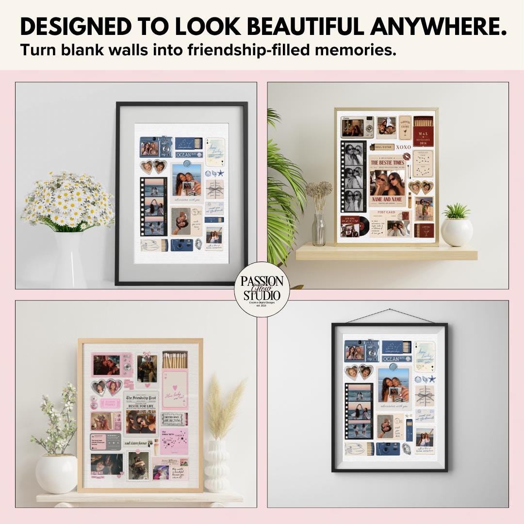 Bestie matchbook posters displayed in four home settings