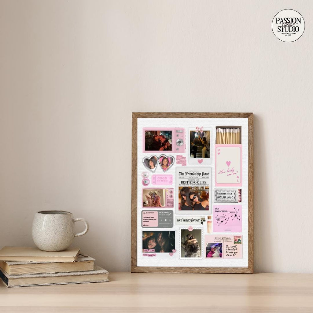 Cute Pink bestie matchbook poster beside books and a mug