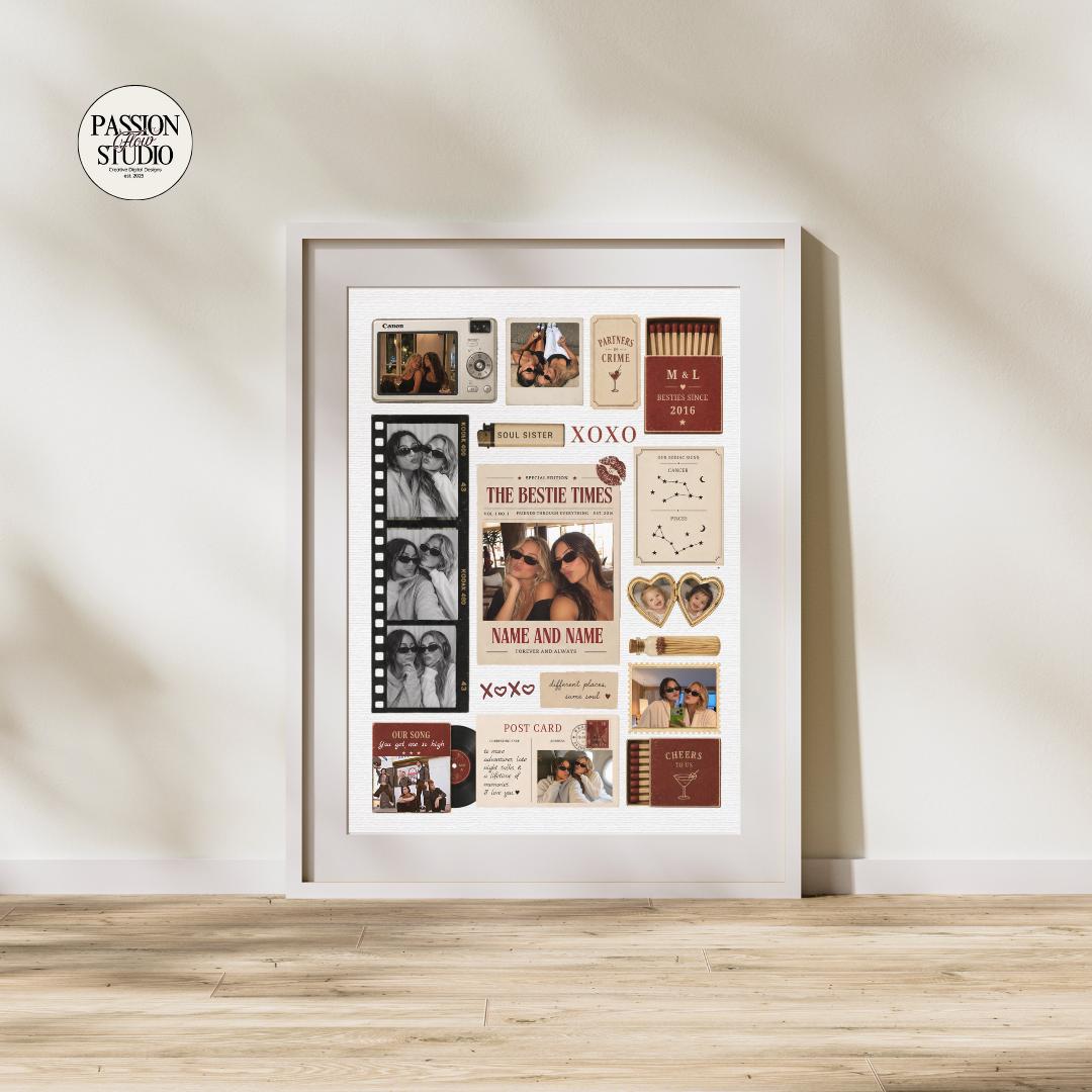Vintage bestie matchbook poster in a white frame