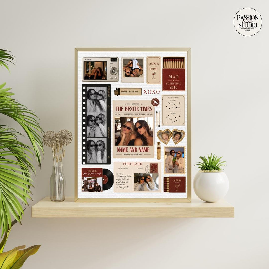 Vintage bestie matchbook poster on a wooden shelf