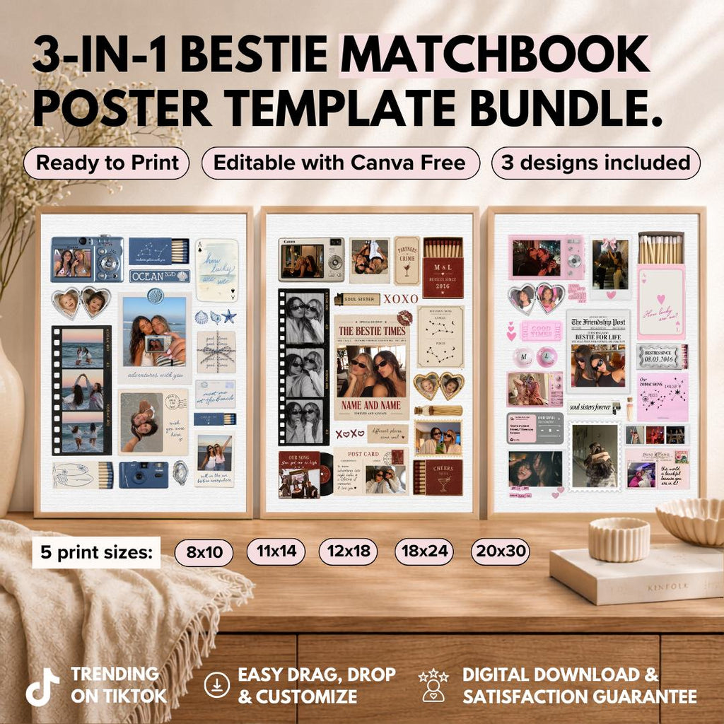 3-in-1 bestie matchbook poster templates: Vintage, Coastal Blue and Cute Pink, in 5 print sizes